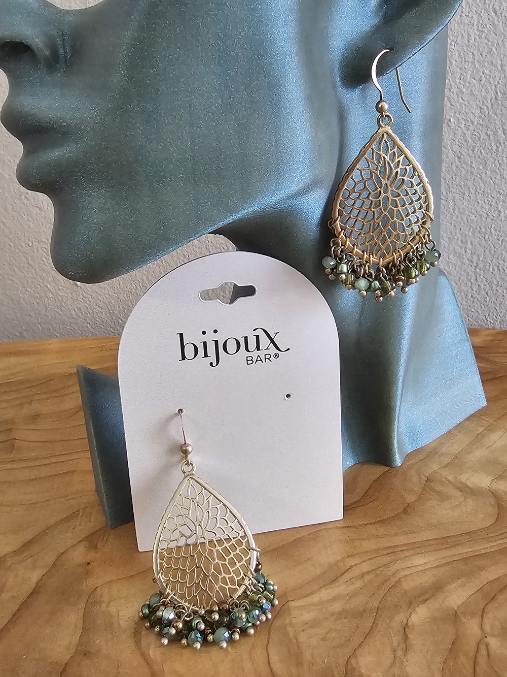 Teardrop Earrings with Green Bead Fringe - Picture 3 of 4